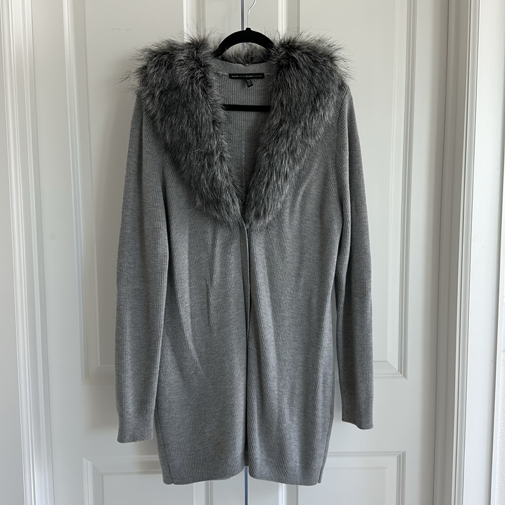 UEC White House Black Market Knit Cardigan Coat with Faux Fur Collar XL